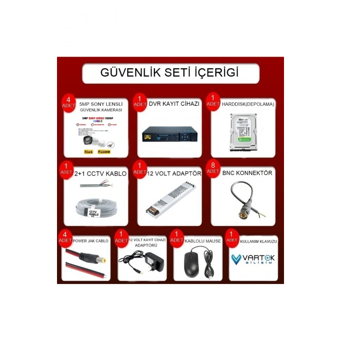 6 Kameralı Full HD Güvenlik Kamera Seti 1000 GB HDD 5MP Gece (Renkli) Görüşlü - Sabit IP Gerektirmez