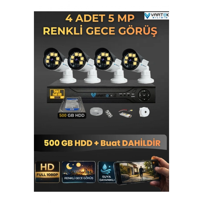 4 Kameralı Set 500 Gb Hdd Full Hd Gece Görüşlü Güvenlik Kamerası Sistemi-Sabit İp Gerektirmez-