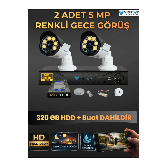 2 Kameralı Set 320 Gb Hdd Full Hd Gece Görüşlü Güvenlik Kamerası Sistemi-Sabit İp Gerektirmez