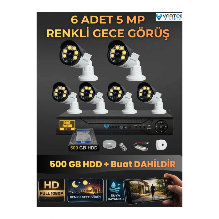 6 Kameralı Set 500 Gb Hdd Full Hd Gece Görüşlü Güvenlik Kamerası Sistemi-Sabit İp Gerektirmez-