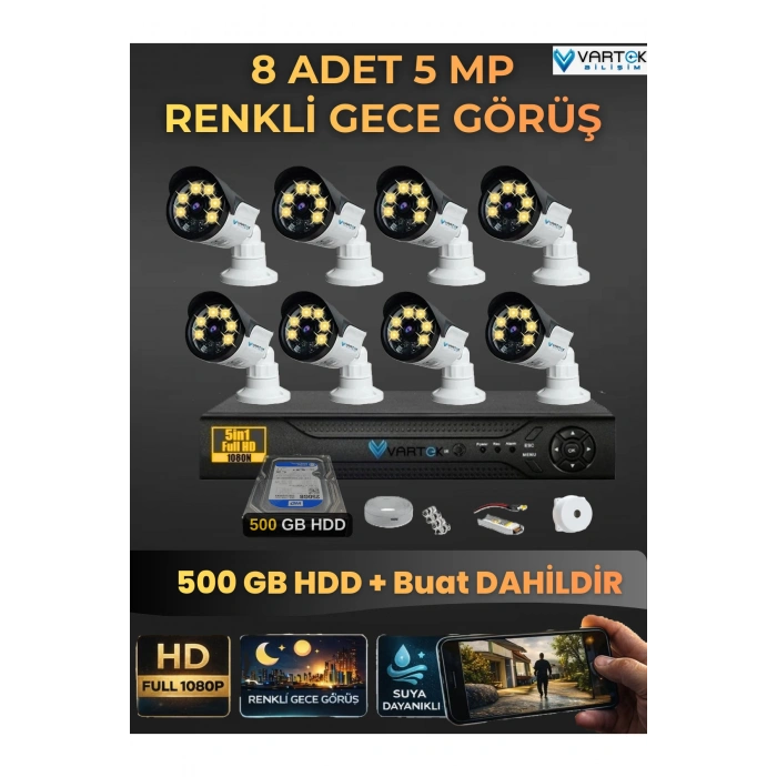 8 Kameralı Set 500 Gb Hdd Full Hd Gece Görüşlü Güvenlik Kamerası Sistemi-Sabit İp Gerektirmez-
