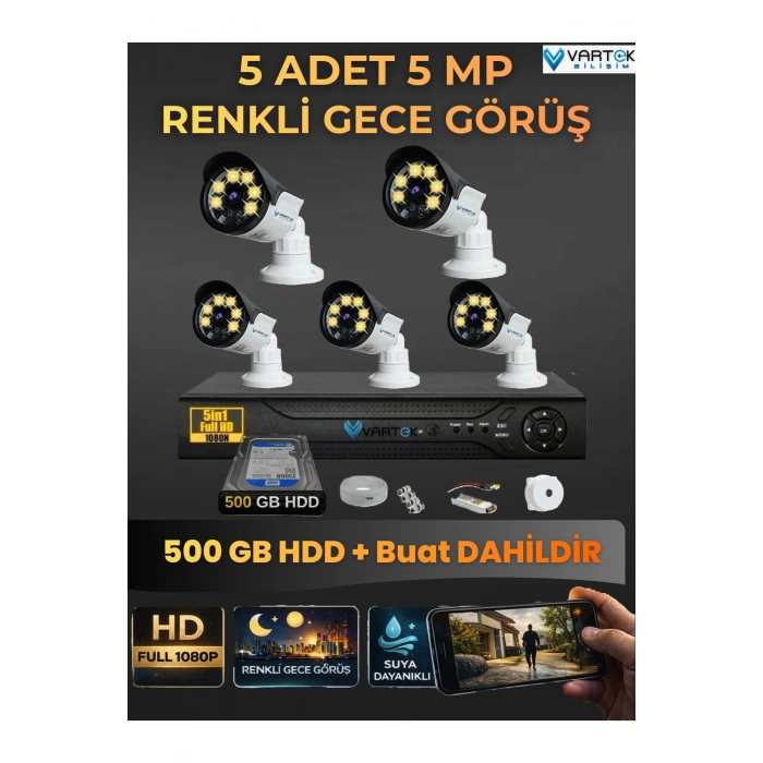 5 Kameralı Set 500 Gb Hdd Full Hd Gece Görüşlü Güvenlik Kamerası Sistemi-Sabit İp Gerektirmez-