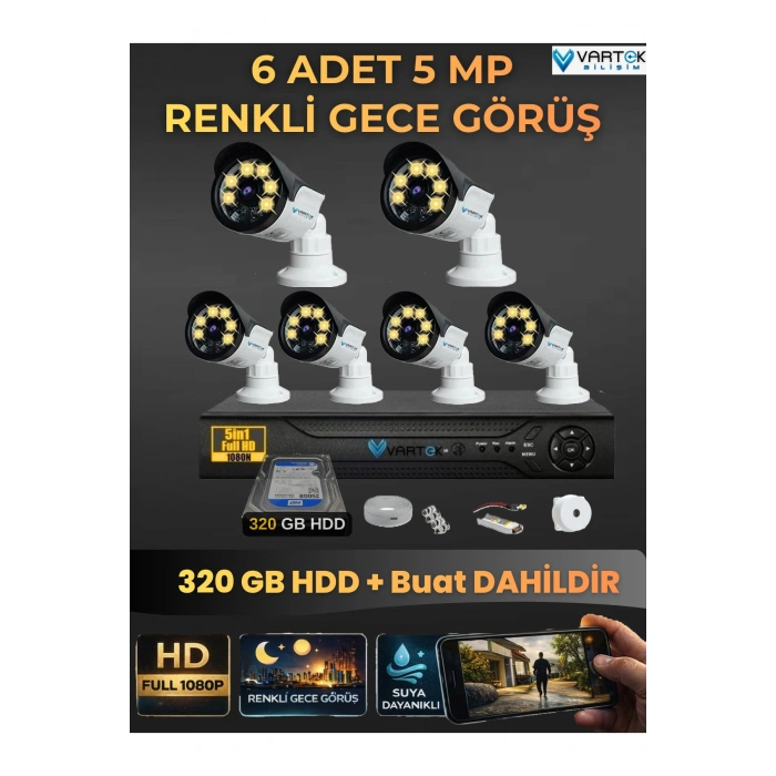6 Kameralı Set 320 Gb Hdd Full Hd Gece Görüşlü Güvenlik Kamerası Sistemi-Sabit İp Gerektirmez-