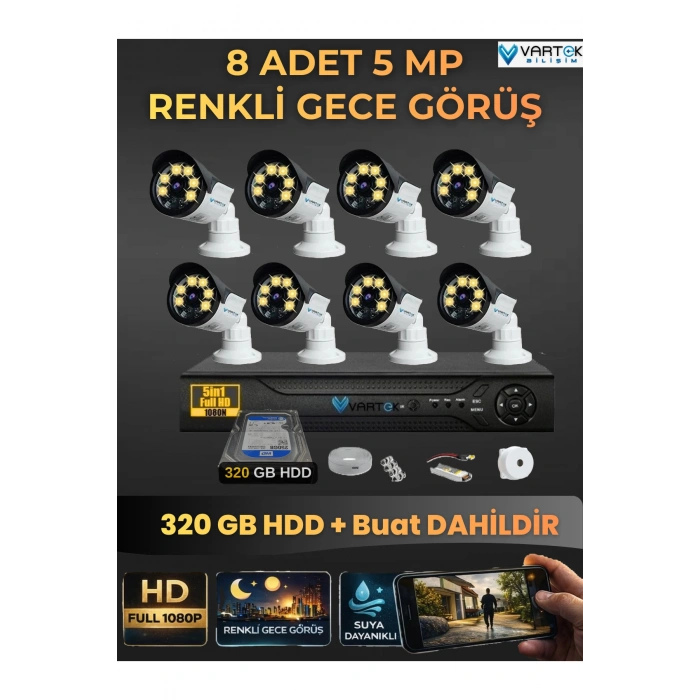 8 Kameralı Set 320 Gb Hdd Full Hd Gece Görüşlü Güvenlik Kamerası Sistemi-Sabit İp Gerektirmez-
