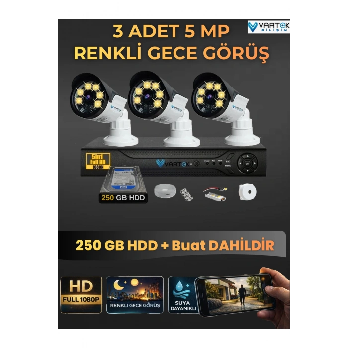 3 Kameralı Set 250 Gb Hdd Full Hd Gece Görüşlü Güvenlik Kamerası Sistemi-Sabit İp Gerektirmez-