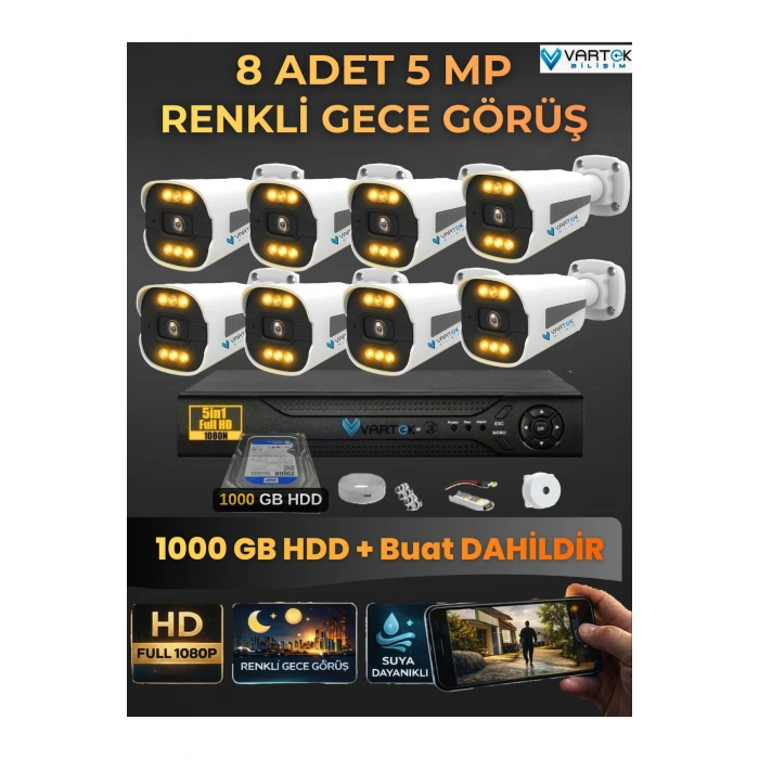 8 Kameralı Güvenlik Kamerası Seti, 1 TB HDD Gece Renkli Full HD -Uzaktan İzleme Tak Çalıştır Sistem