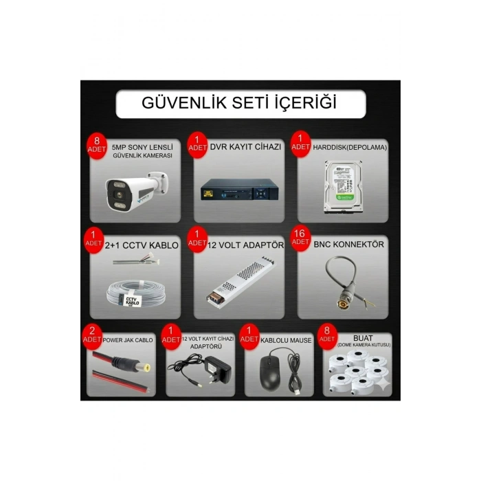 8 Kameralı Güvenlik Kamerası Seti, 1 TB HDD Gece Renkli Full HD -Uzaktan İzleme Tak Çalıştır Sistem