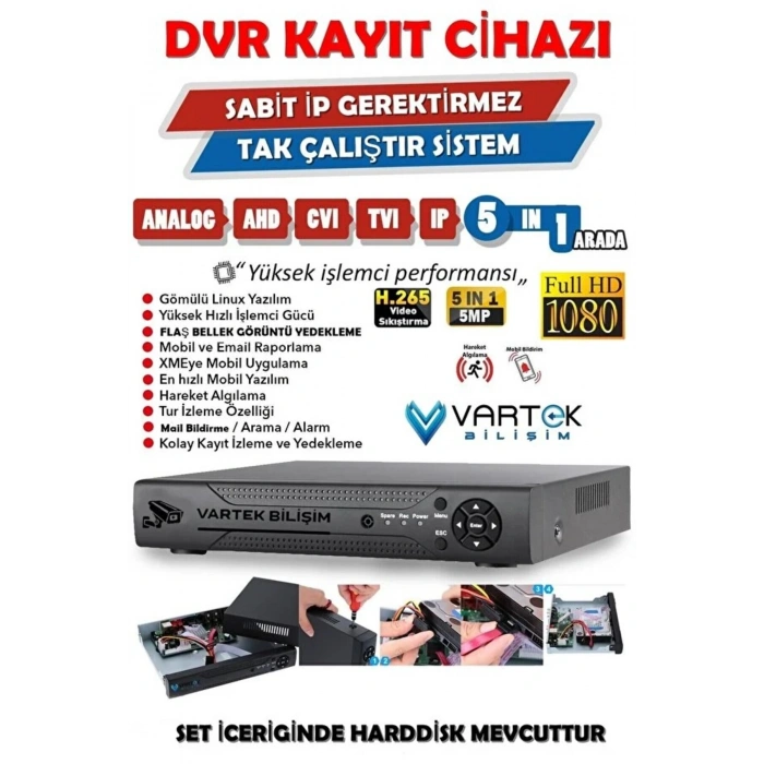 8 Kameralı Güvenlik Kamerası Seti, 500GB HDD Gece Renkli Full HD -Uzaktan İzleme Tak Çalıştır Sistem