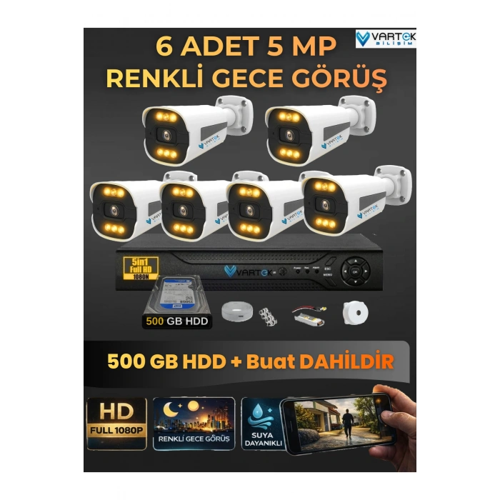 6 Kameralı Güvenlik Kamerası Seti, 500GB HDD Gece Renkli Full HD -Uzaktan İzleme Tak Çalıştır Sistem