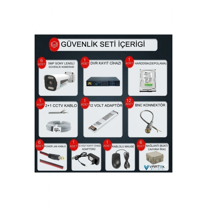 6 Kameralı Güvenlik Kamerası Seti, 500GB HDD Gece Renkli Full HD -Uzaktan İzleme Tak Çalıştır Sistem