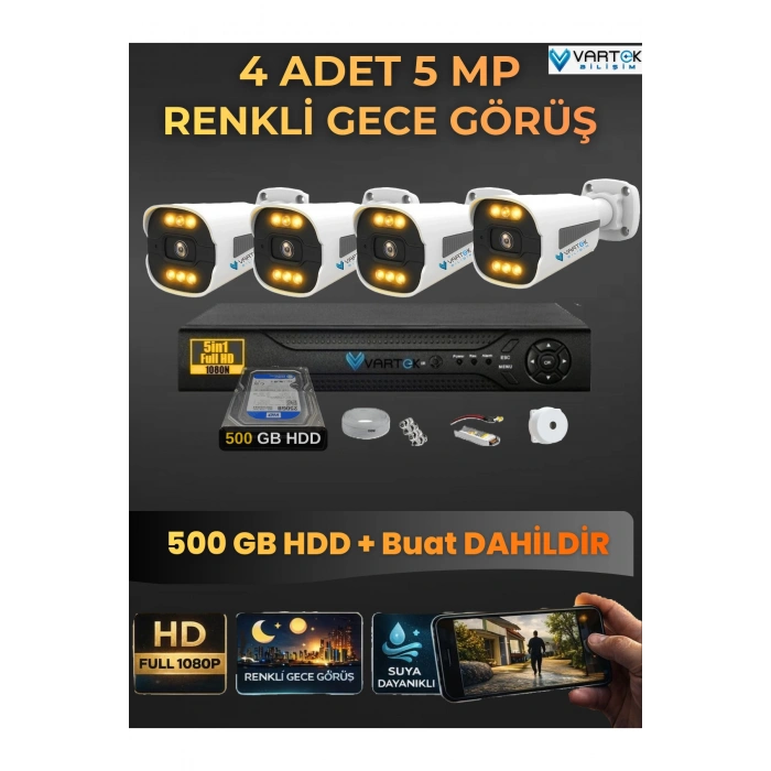 4 Kameralı Güvenlik Kamerası Seti, 500GB HDD Gece Renkli Full HD -Uzaktan İzleme Tak Çalıştır Sistem