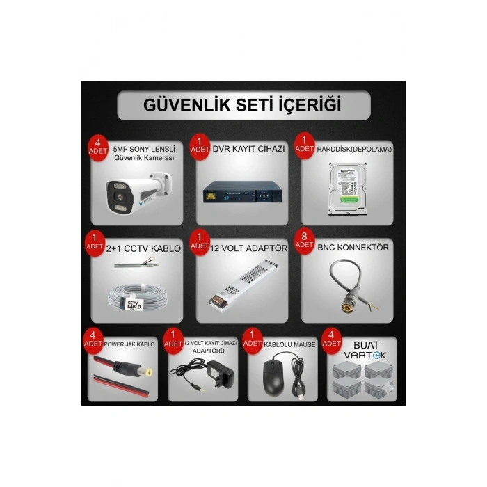 4 Kameralı Güvenlik Kamerası Seti, 500GB HDD Gece Renkli Full HD -Uzaktan İzleme Tak Çalıştır Sistem