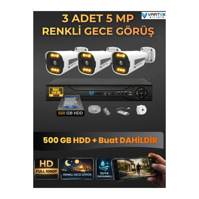 3 Kameralı Güvenlik Kamerası Seti, 500GB HDD Gece Renkli Full HD -Uzaktan İzleme Tak Çalıştır Sistem