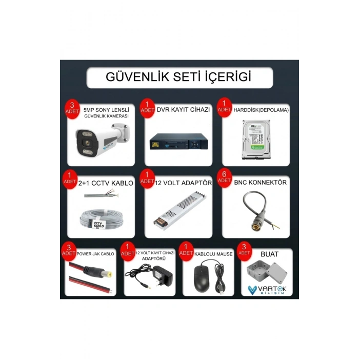 3 Kameralı Güvenlik Kamerası Seti, 320GB HDD Gece Renkli Full HD -Uzaktan İzleme Tak Çalıştır Sistem