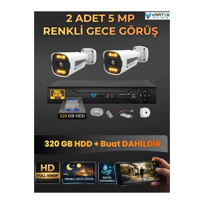 2 Kameralı Güvenlik Kamerası Seti, 320GB HDD Gece Renkli Full HD -Uzaktan İzleme Tak Çalıştır Sistem