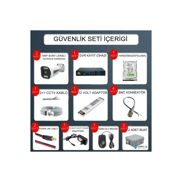 2 Kameralı Güvenlik Kamerası Seti, 250GB HDD Gece Renkli Full HD -Uzaktan İzleme Tak Çalıştır Sistem