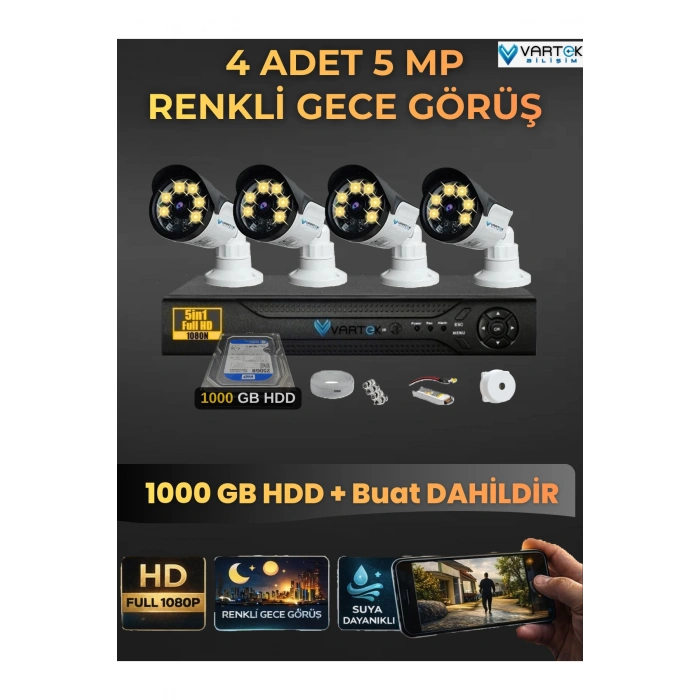4 Kameralı Set 1000 Gb Hdd Full Hd Gece Görüşlü Güvenlik Kamerası Sistemi-Sabit İp Gerektirmez-