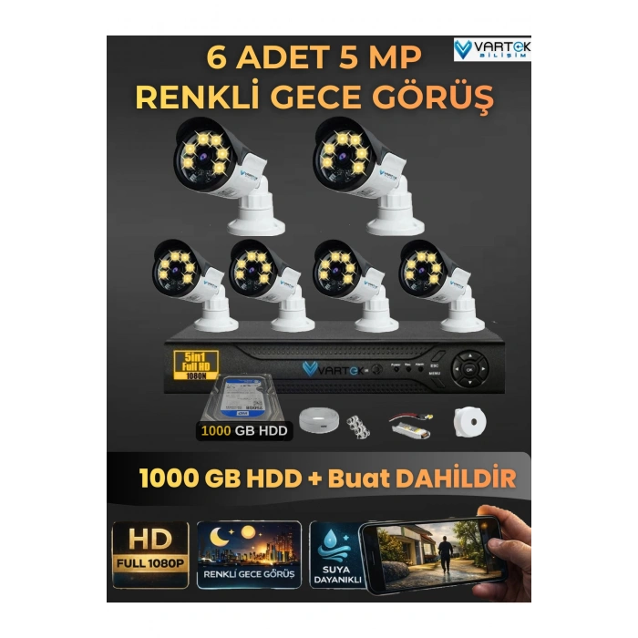 6 Kameralı Set 1000 Gb Hdd Full Hd Gece Görüşlü Güvenlik Kamerası Sistemi-Sabit İp Gerektirmez-