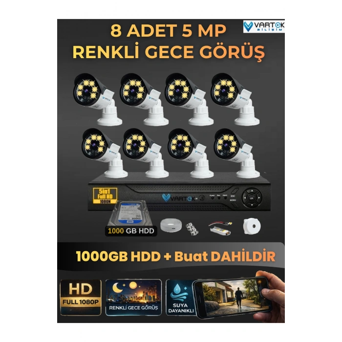 8 Kameralı Set 1000 Gb Hdd Full Hd Gece Görüşlü Güvenlik Kamerası Sistemi-Sabit İp Gerektirmez-