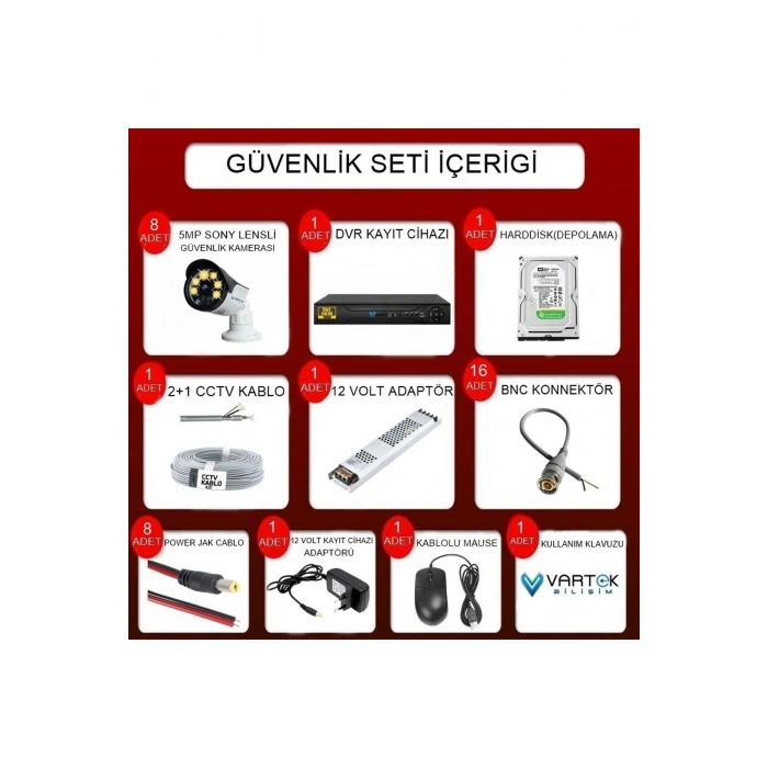 8 Kameralı Set 1000 Gb Hdd Full Hd Gece Görüşlü Güvenlik Kamerası Sistemi-Sabit İp Gerektirmez-