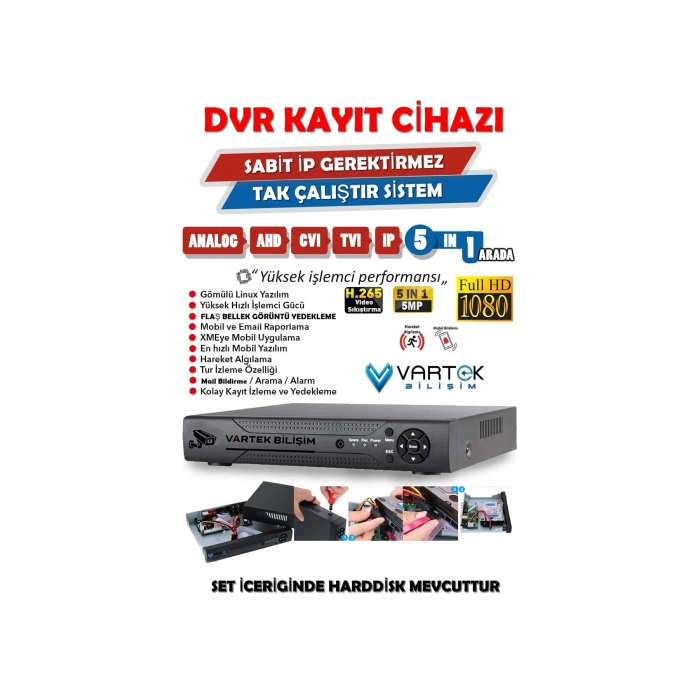 8 Kameralı Set 1000 Gb Hdd Full Hd Gece Görüşlü Güvenlik Kamerası Sistemi-Sabit İp Gerektirmez-