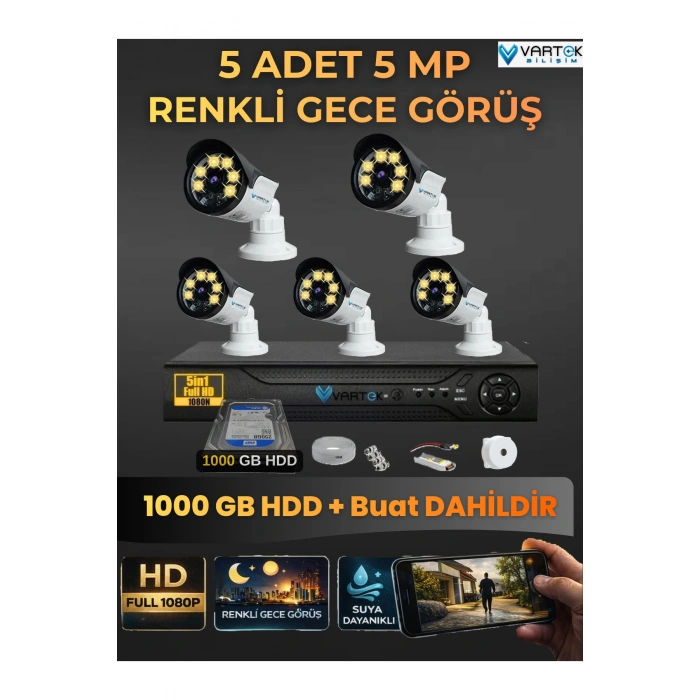 5 Kameralı Set 1000 Gb Hdd Full Hd Gece Görüşlü Güvenlik Kamerası Sistemi-Sabit İp Gerektirmez-