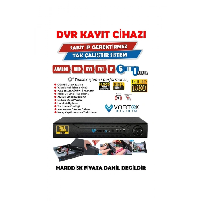 5 Kameralı Set 1000 Gb Hdd Full Hd Gece Görüşlü Güvenlik Kamerası Sistemi-Sabit İp Gerektirmez-