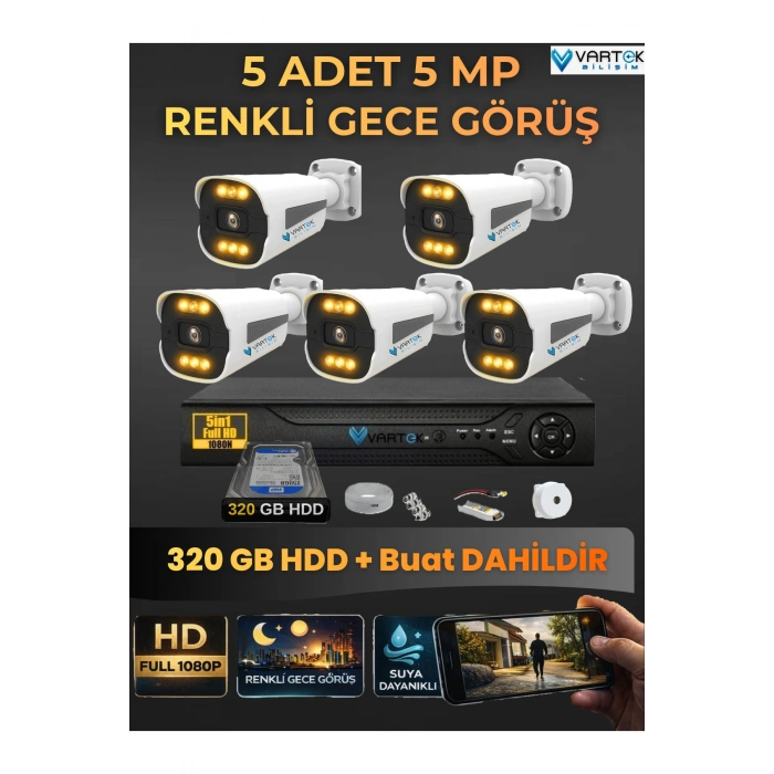 5 Kameralı Güvenlik Kamerası Seti, 320GB HDD Gece Renkli Full HD -Uzaktan İzleme Tak Çalıştır Sistem