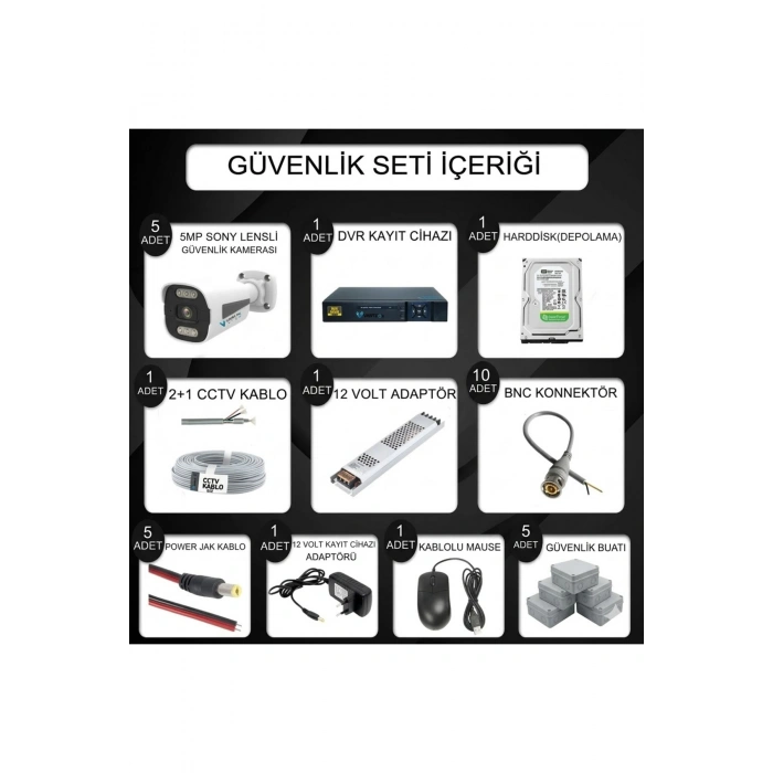 5 Kameralı Güvenlik Kamerası Seti, 500GB HDD Gece Renkli Full HD -Uzaktan İzleme Tak Çalıştır Sistem