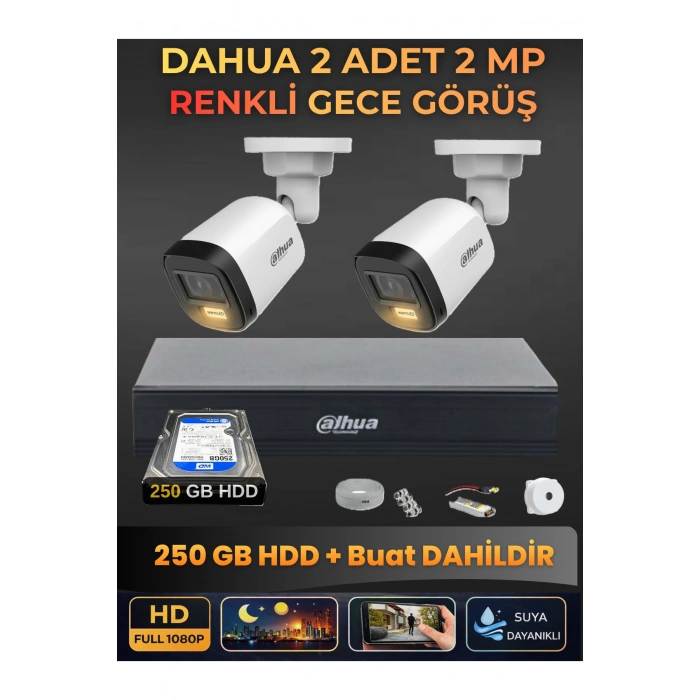 2 Kameralı 2MP Gece Renkli Güvenlik Kamerası Seti, 250 GB HDD, FullHD İç Dış Mekan Uyumlu