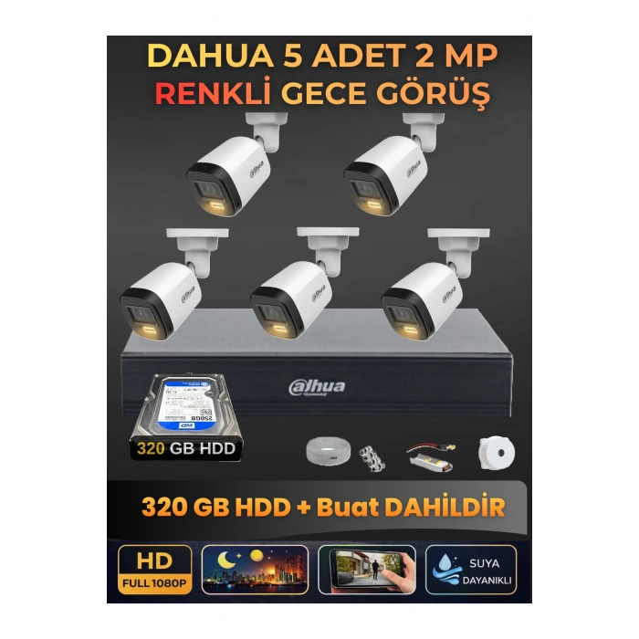 5 Kameralı 2MP Gece Renkli Güvenlik Kamerası Seti, 320 GB HDD, FullHD İç Dış Mekan Uyumlu