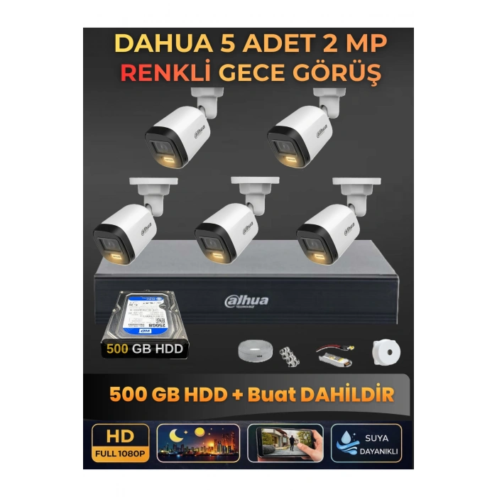 5 Kameralı 2MP Gece Renkli Güvenlik Kamerası Seti, 500 GB HDD, FullHD İç Dış Mekan Uyumlu
