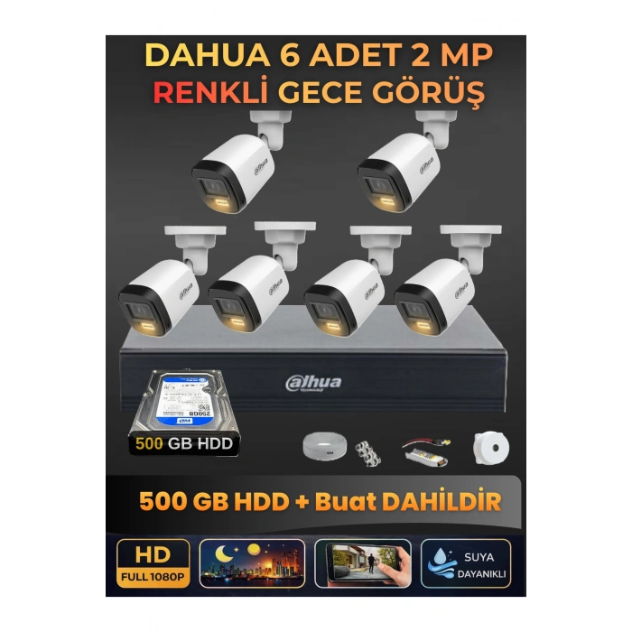 6 Kameralı 2MP Gece Renkli Güvenlik Kamerası Seti, 500 GB HDD, FullHD İç Dış Mekan Uyumlu
