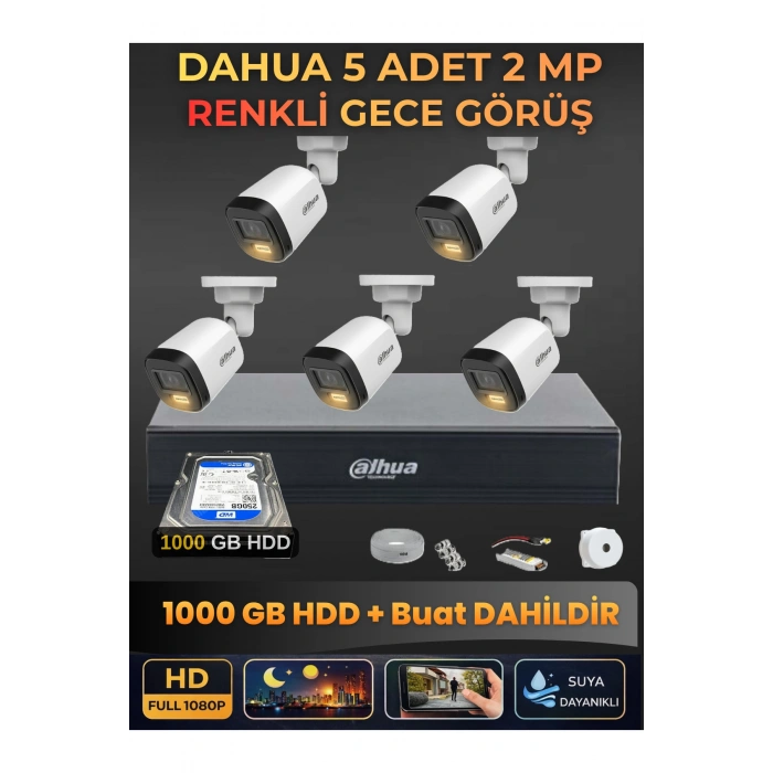 5 Kameralı 2MP Gece Renkli Güvenlik Kamerası Seti, 1000 GB HDD, FullHD İç Dış Mekan Uyumlu