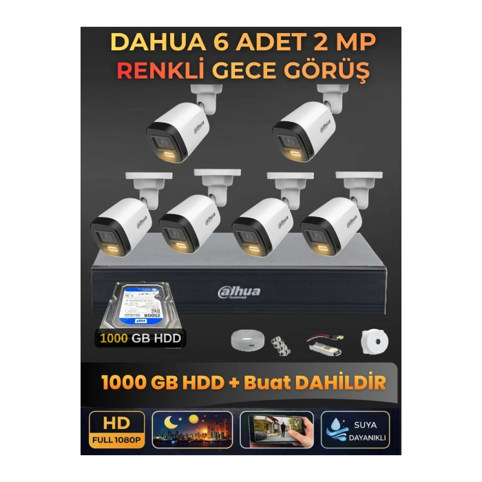 6 Kameralı 2MP Gece Renkli Güvenlik Kamerası Seti, 1000 GB HDD, FullHD İç Dış Mekan Uyumlu