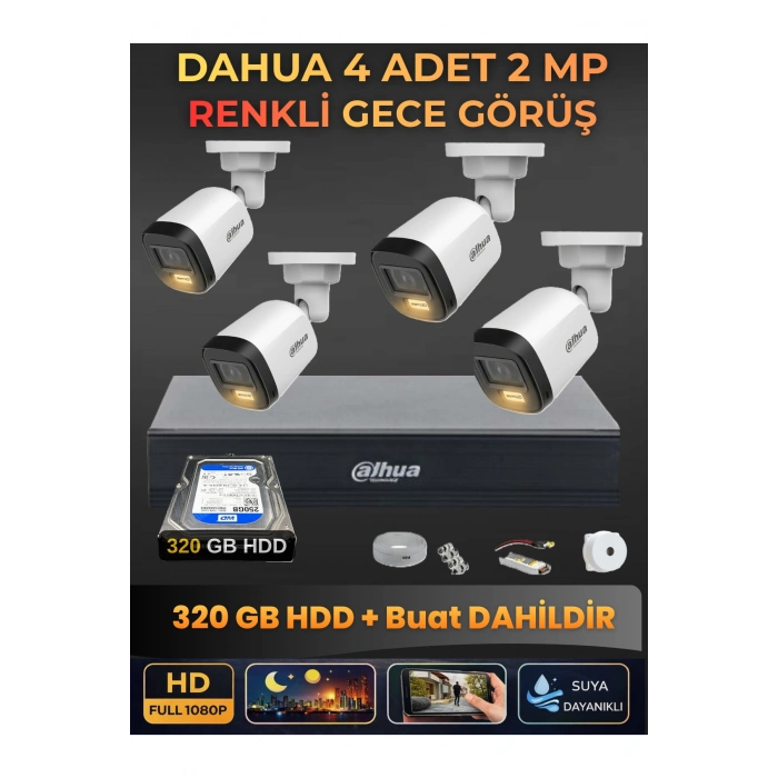 4 Kameralı 2MP Gece Renkli Güvenlik Kamerası Seti, 320 GB HDD, FullHD İç Dış Mekan Uyumlu