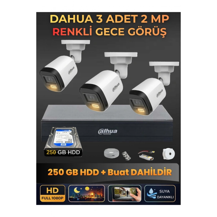 3 Kameralı 2MP Gece Renkli Güvenlik Kamerası Seti, 250 GB HDD, FullHD İç Dış Mekan Uyumlu