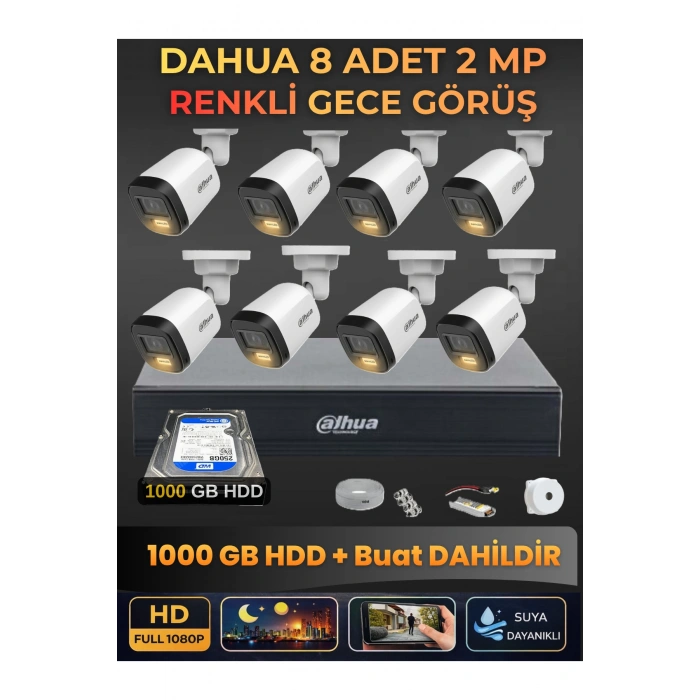 8 Kameralı 2MP Gece Renkli Güvenlik Kamerası Seti, 1000 GB HDD, FullHD İç Dış Mekan Uyumlu