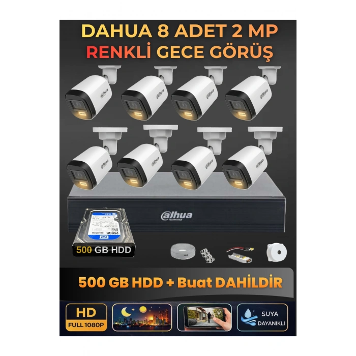 8 Kameralı 2MP Gece Renkli Güvenlik Kamerası Seti, 500 GB HDD, FullHD İç Dış Mekan Uyumlu