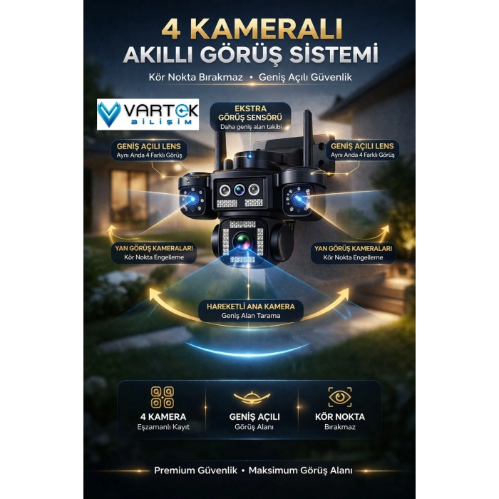 4 Kameralı Dış Mekan Wifi 8MP Ultra HD Ptz Güvenlik Kamerası + 128GB SSD Hediye