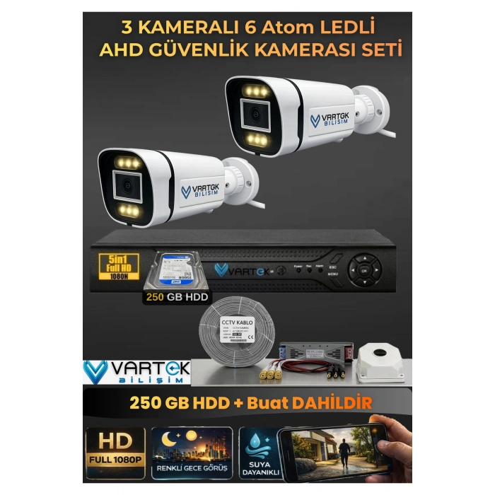 2 Kameralı 6 Atom Led Gece Renkli Görüşlü Güvenlik Kamerası Seti + 250 GB HDD