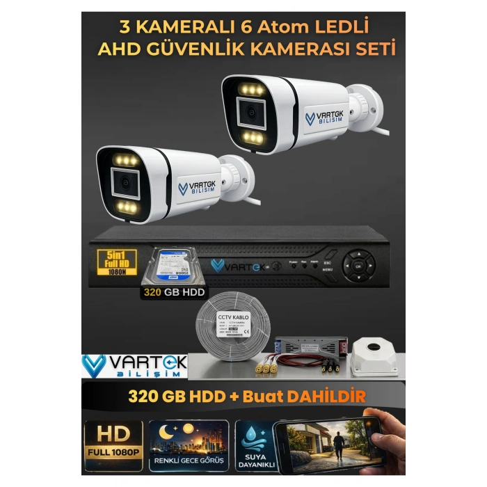 2 Kameralı 6 Atom Led Gece Renkli Görüşlü Güvenlik Kamerası Seti + 320 GB HDD