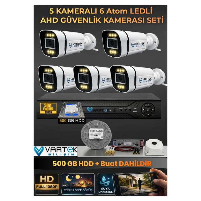 5 Kameralı 6 Atom Led Gece Renkli Görüşlü Güvenlik Kamerası Seti + 500 GB HDD