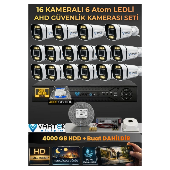 16 Kameralı 6 Atom Led Gece Renkli Görüşlü Güvenlik Kamerası Seti + 4 TB HDD