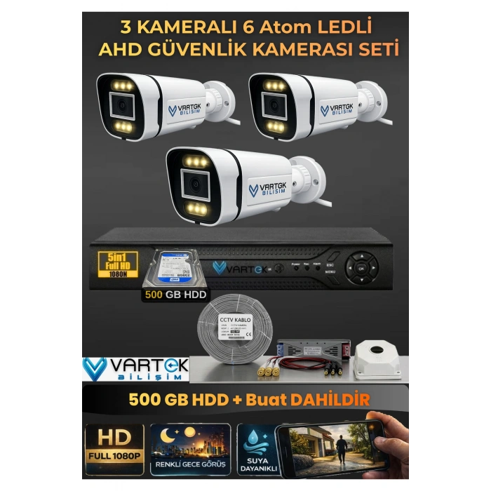 3 Kameralı 6 Atom Led Gece Renkli Görüşlü Güvenlik Kamerası Seti + 500 GB HDD