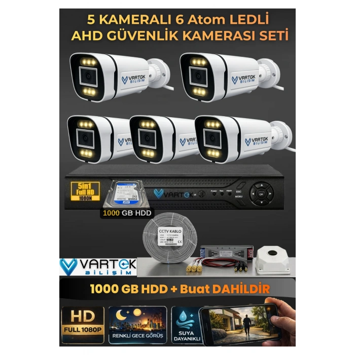5 Kameralı 6 Atom Led Gece Renkli Görüşlü Güvenlik Kamerası Seti + 1000 GB HDD