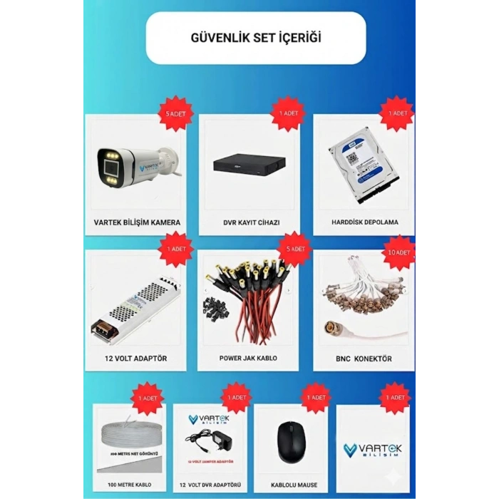 5 Kameralı 6 Atom Led Gece Renkli Görüşlü Güvenlik Kamerası Seti + 320 GB HDD