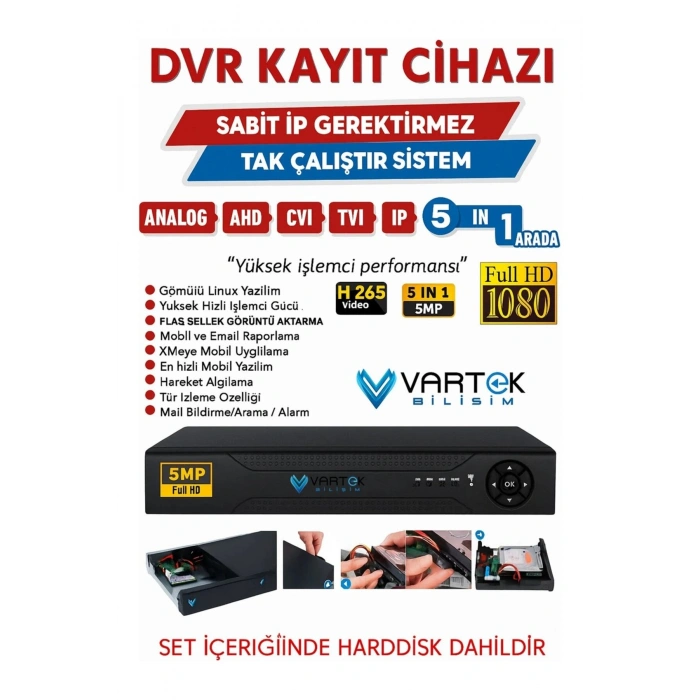 5 Kameralı 6 Atom Led Gece Renkli Görüşlü Güvenlik Kamerası Seti + 320 GB HDD