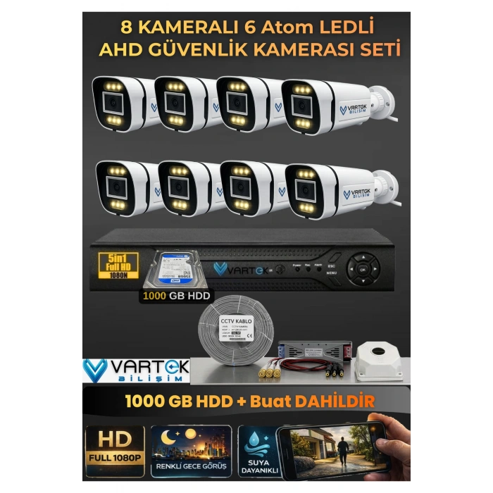 8 Kameralı 6 Atom Led Gece Renkli Görüşlü Güvenlik Kamerası Seti + 1 TB HDD