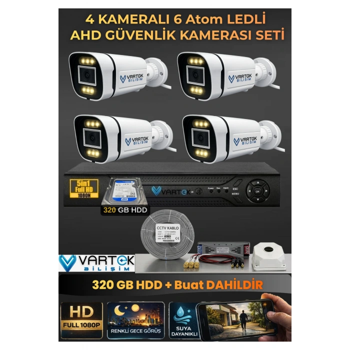 4 Kameralı 6 Atom Led Gece Renkli Görüşlü Güvenlik Kamerası Seti + 320 GB HDD